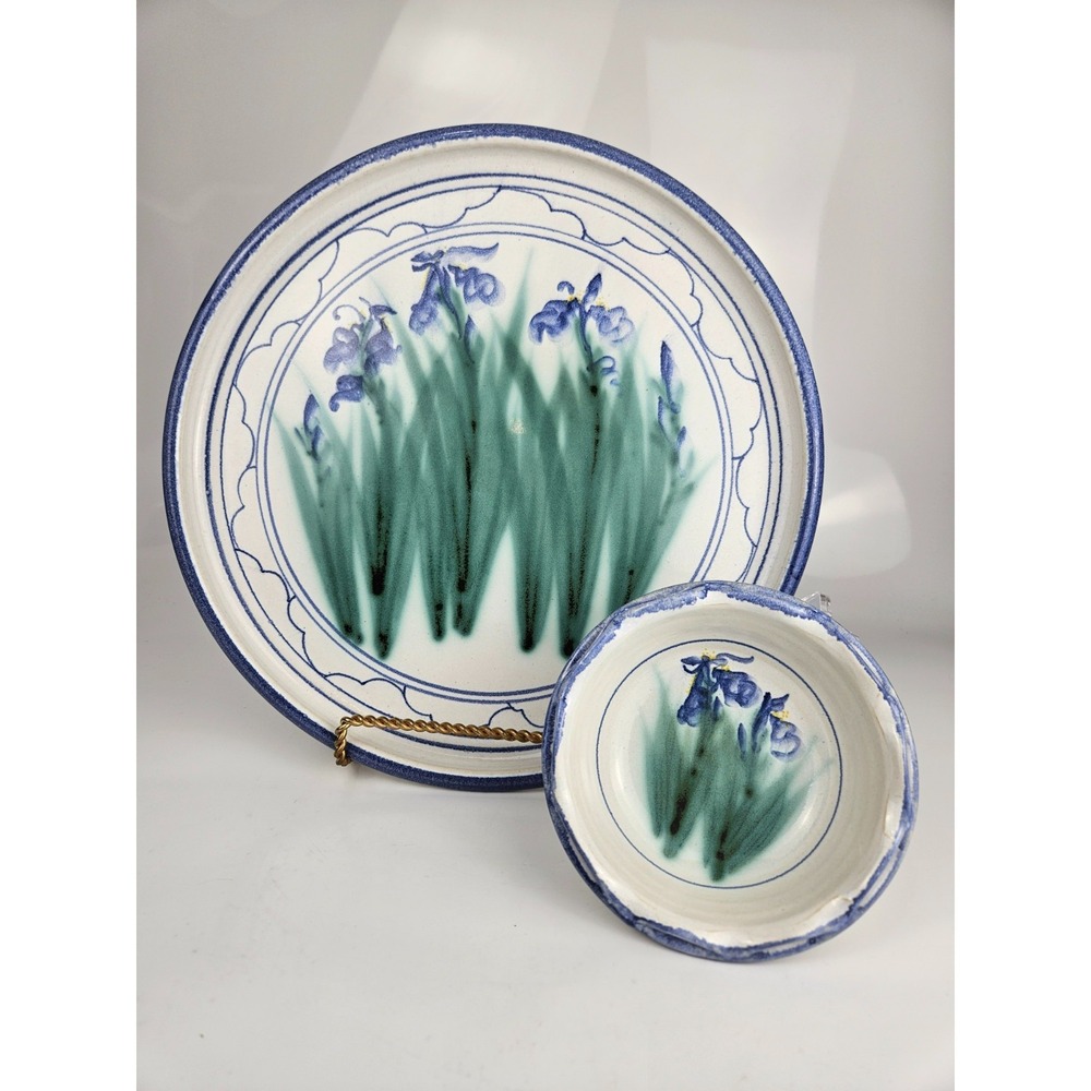Ruthann Maze Studio Pottery Iris Bowl & Platter Set Blue Floral